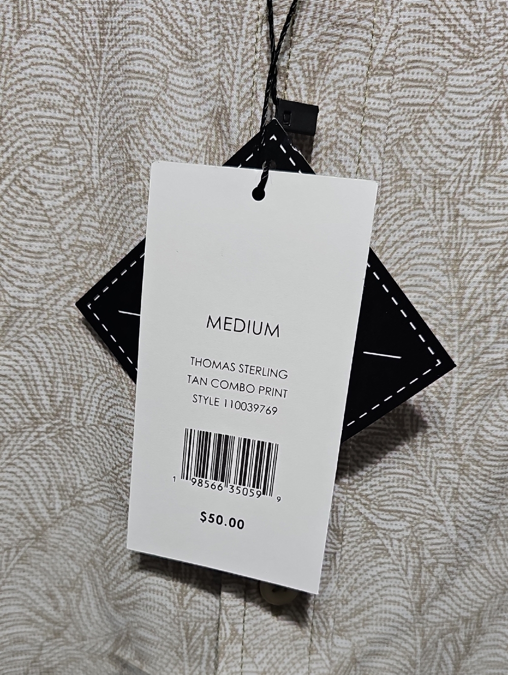 Thomas Sterling Short Sleeve Button-Down Shirt Light Beige Leaf Print Size M - Picture 4 of 7